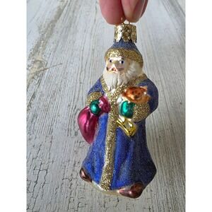 Vintage Christborn glitter Victorian gold blue Santa bag ornament Xmas tree‎